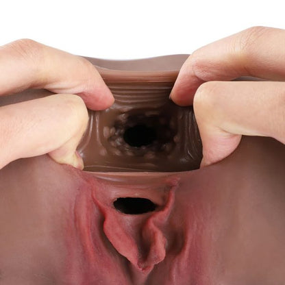 Mature Lady Dark Brown Realistic Masturbator with Two Textured Channels Prominent and Enticing Labia
