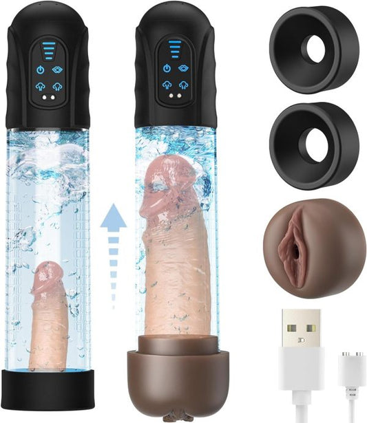 Electric Vacuum Penis Pump with Realistic Silicone Masturbation Sleeve 2 Suction Modes USB Rechargeable