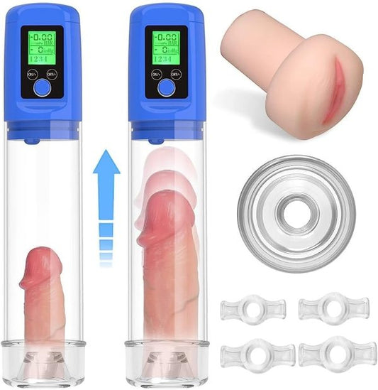 Male Sex Toy Kit: Automatic Penis Pump with 4 Cock Rings Pocket Pussy and Lubricant