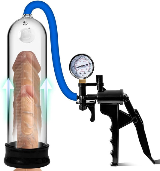 Manual Penis Vacuum Pump with Magnifier Pistol Grip Pressure Gauge Transparent Measured Cylinder