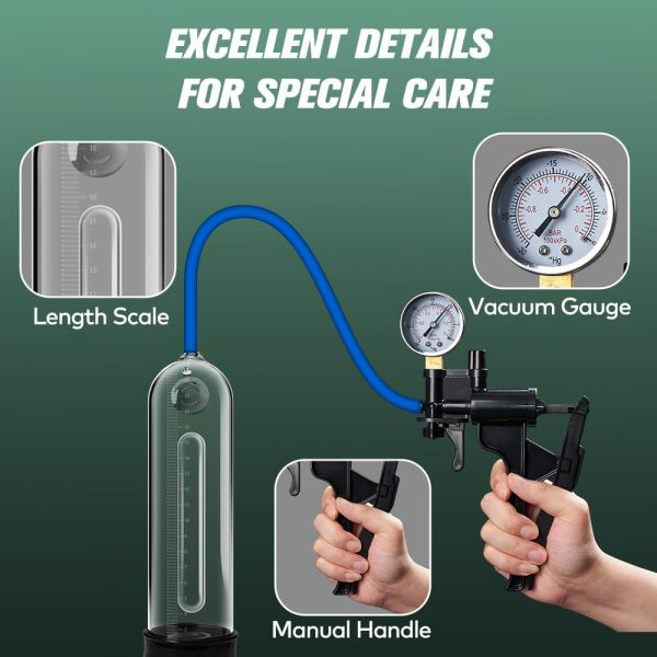 Manual Penis Vacuum Pump with Magnifier Pistol Grip Pressure Gauge Transparent Measured Cylinder