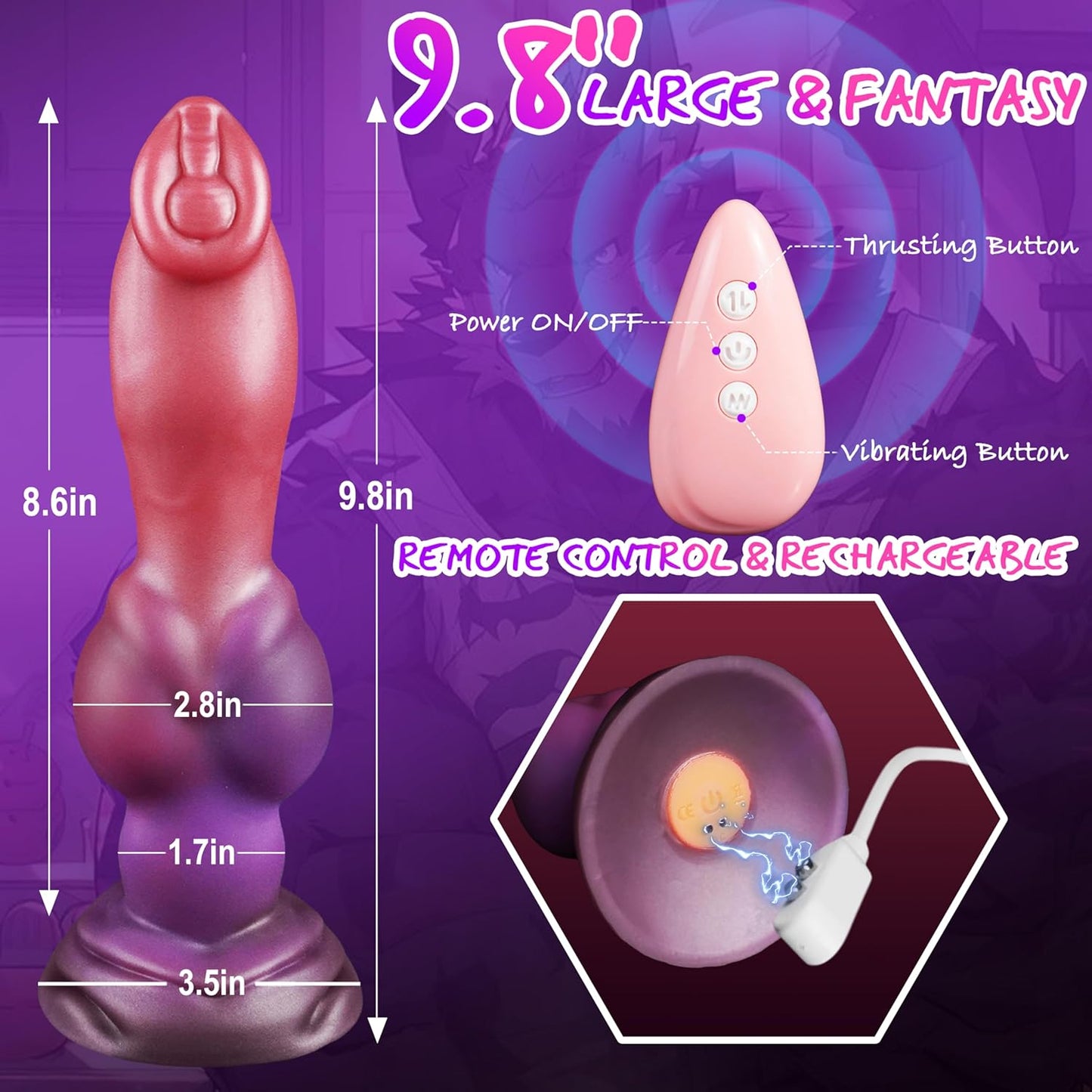 Thrusting Vibrating Monster Dildo with Strong Suction Cup 9.8"